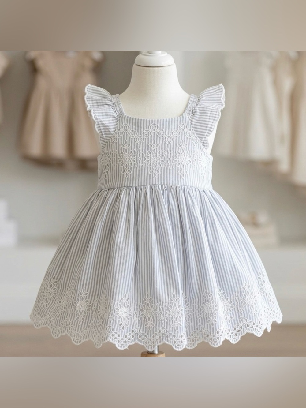 Gap Baby Eyelet Flutter Dress Blue-White Stripe 18-24 Months Girls